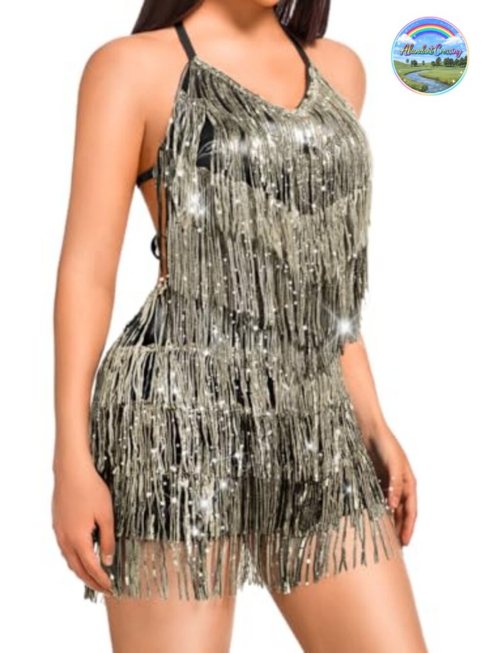 Sequin Fringe Backless Short Jumpsuit Sleeveless V Neck Flapper Party